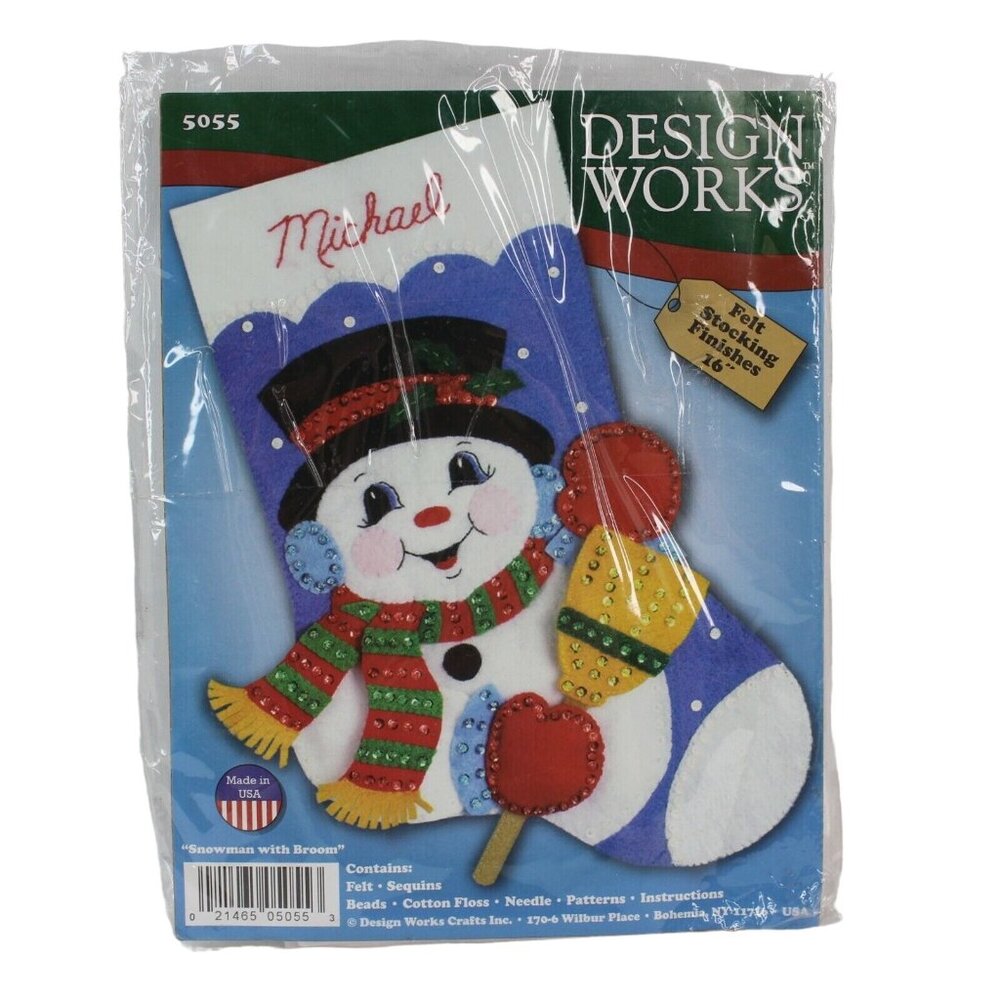 Felt Embroidery Christmas Stocking Kit 5055 Snowman with Broom Design Works 16"